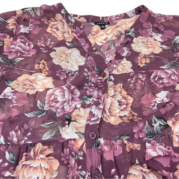 Torrid Chiffon Tunic Top Floral Burgundy Hi Lo 3/4 Roll Tab Sleeve Size 2X - Picture 6 of 11